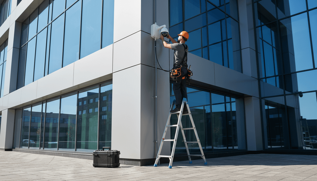 Professional security camera installer mounting a camera on a modern building exterior